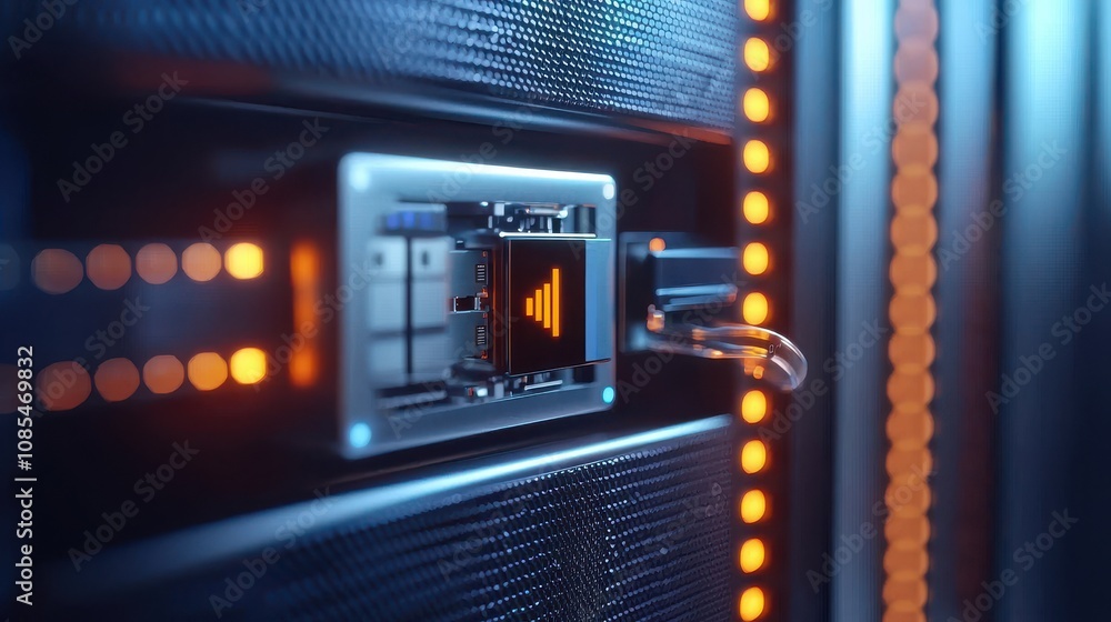 Poster high-tech data center with advanced circuitry and led indicators for sound processing in modern serv