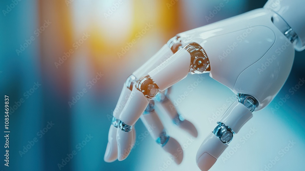 Poster close-up view of a futuristic robotic hand in a high-tech environment with soft light, symbolizing a
