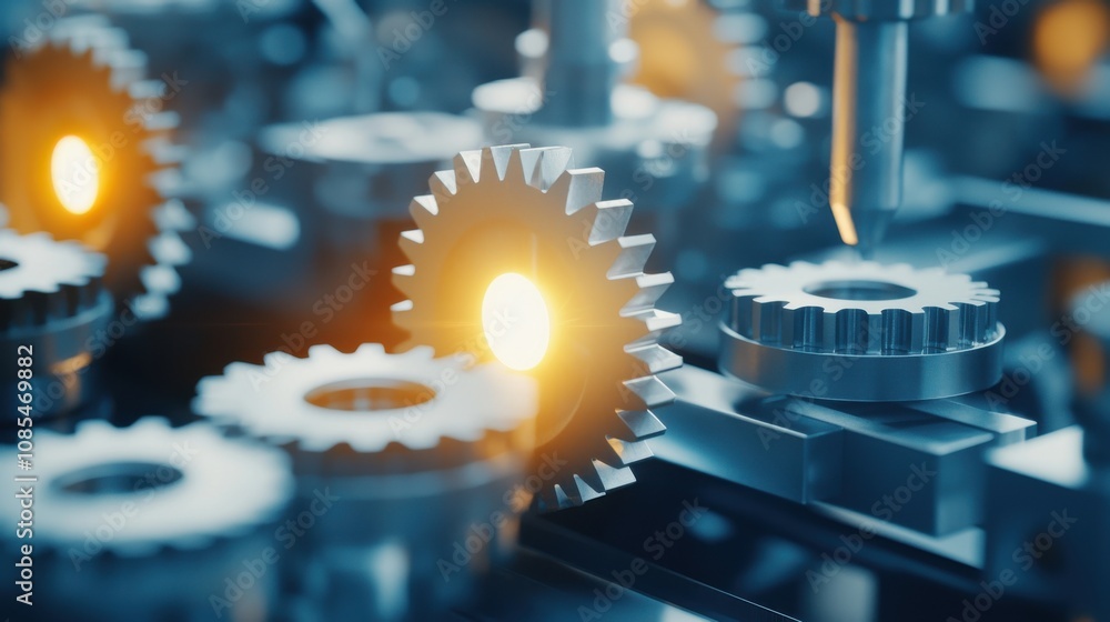 Poster intricate close-up of interlocking gears in motion with glowing elements, showcasing precision engin