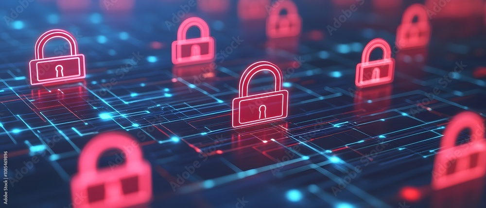 Poster Futuristic Digital Security Concept with Neon Locks and Network Connections Representing Cybersecurity, Data Protection, and Privacy in the Modern Technology Landscape