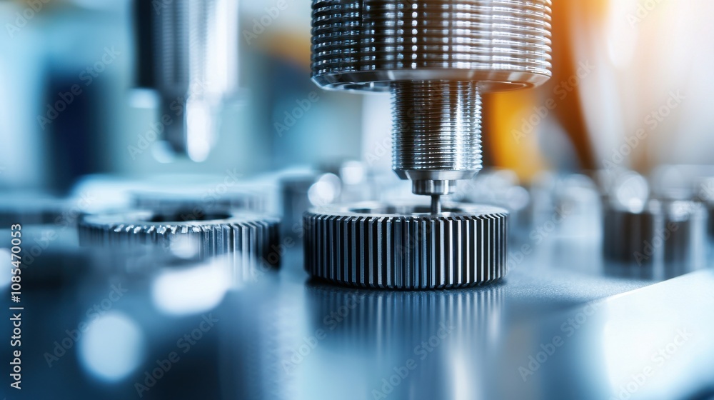 Poster close-up of precision machinery components with gears and tools in a modern industrial environment s