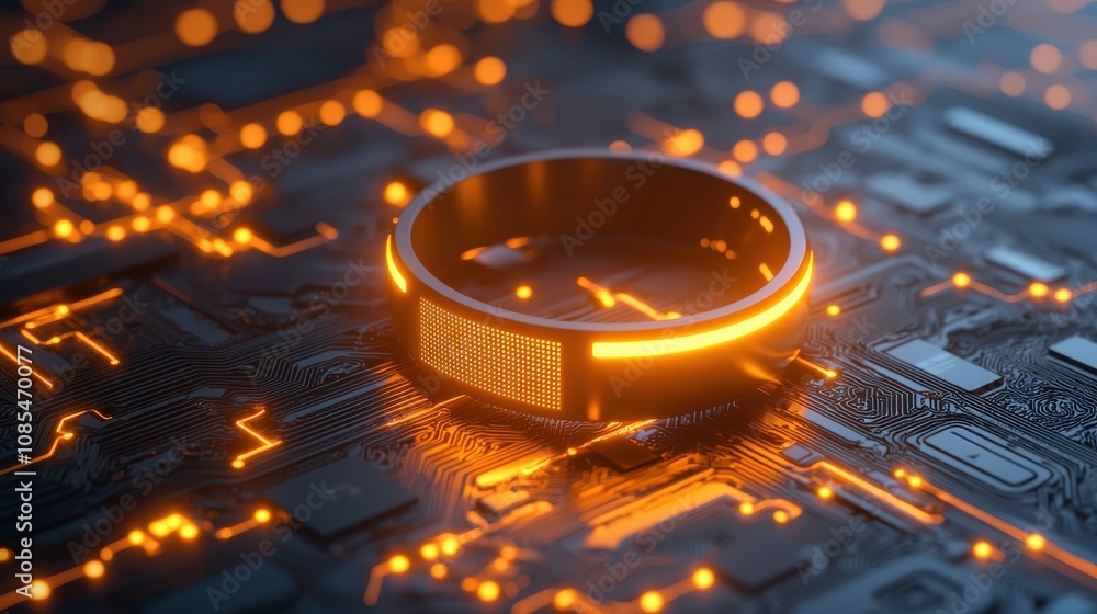 Poster futuristic concept of smart ring on a circuit board with glowing elements representing technology, i