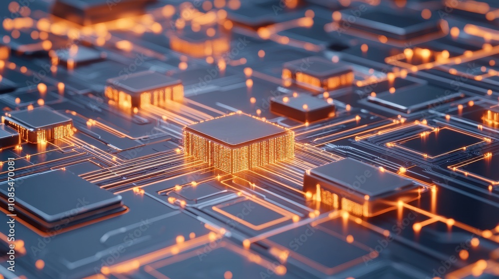 Poster futuristic technology concept featuring close-up view of microchips and circuit board with glowing c