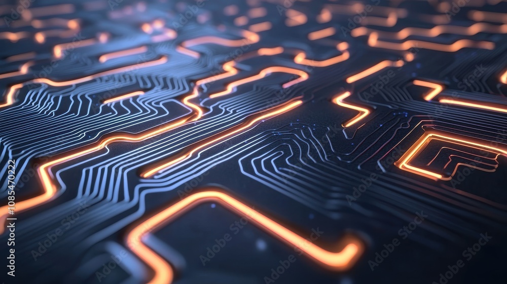 Poster abstract close-up of a futuristic circuit board with intricate patterns and glowing orange lines, sy