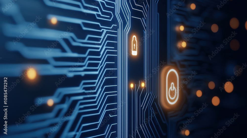 Poster abstract digital circuit board with lock icons representing cybersecurity, data protection, and priv
