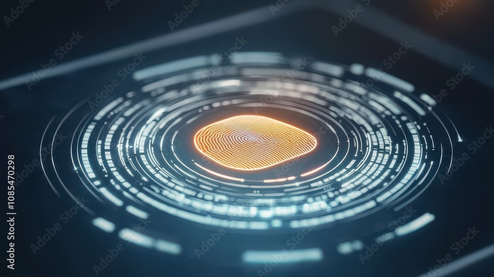 Poster futuristic digital fingerprint scanner interface with abstract circular patterns and glowing element