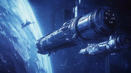A futuristic space station orbiting Earth, with astronauts working inside and outside the structure, in blue tones. In the background is the planet Earth. In the style of ArtStation concept
