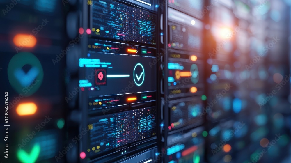 Poster futuristic data center with advanced servers and colorful digital interfaces designed for high-tech 