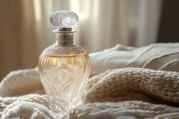 Elegant glass perfume bottle on soft fabric.