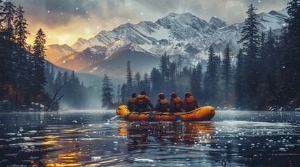 Group of friends navigating rapids in a river, full of excitement