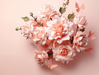 Obraz premium Gorgious Pink flowers in a white toy bucket on a blue or purple background