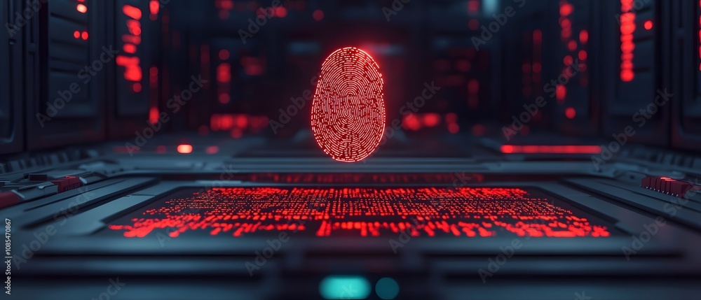 Fototapete futuristic digital fingerprint hologram suspended in a cybernetic environment with glowing data stre