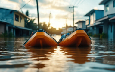Obraz premium flooded street with rescue boats assisting stranded residents at sunset, showcasing urgency and community spirit during natural disaster. Disaster Relief Efforts concept