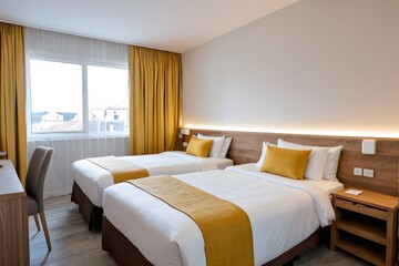 Inexpensive local hotel room. Twin bed hotel room.