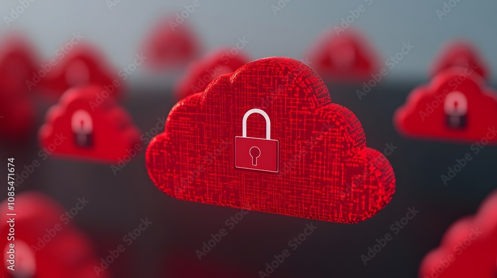 Poster Digital Cloud Security Concept with Locked Cloud Icon Representing Data Protection and Cybersecurity for Safe Online Storage and Information Management