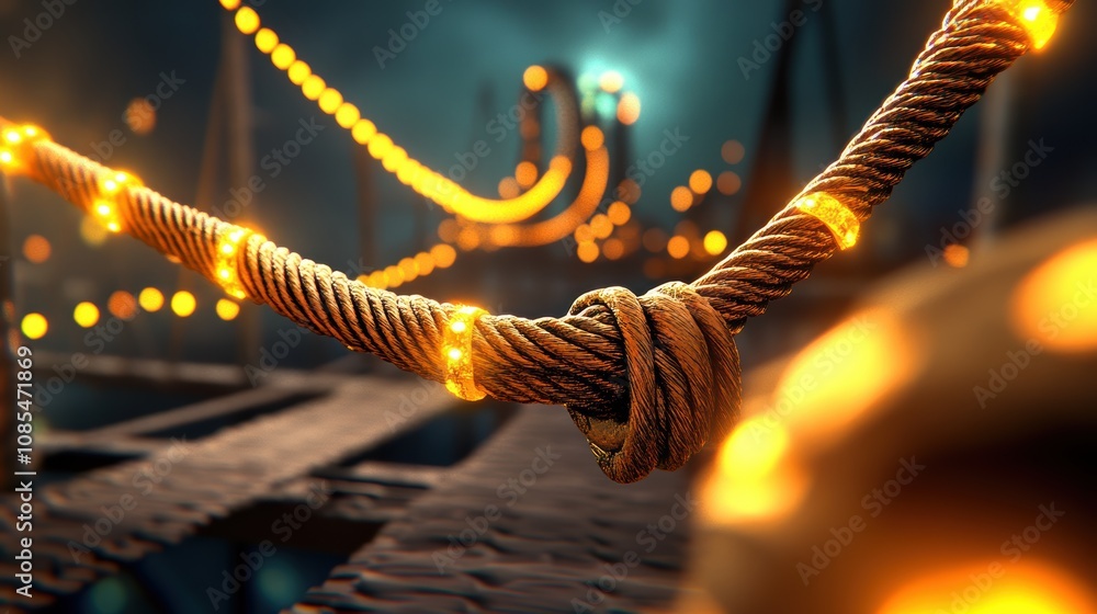 Poster a close-up view of a glowing rope with lights, creating a mystical atmosphere along a bridge or path