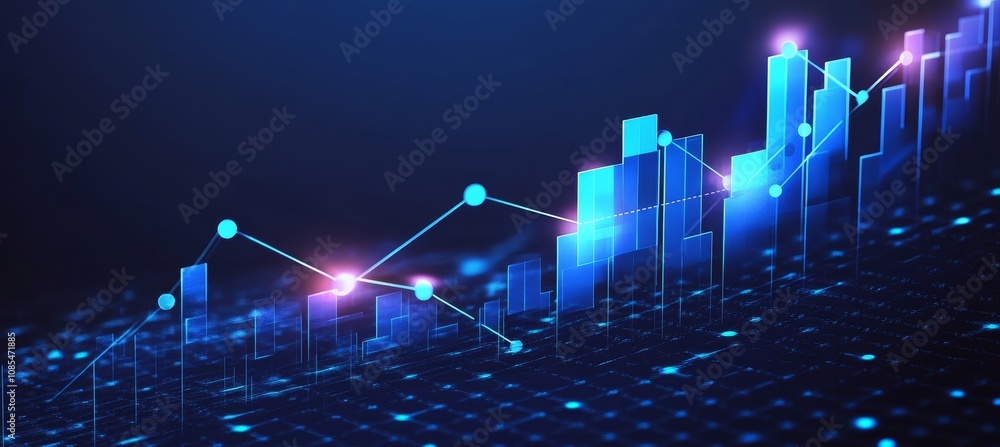 Poster glowing 3d chart and graph on dark abstract background. analytics, technology concept.
