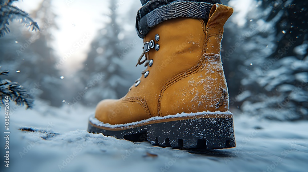 Poster an intimate view of a lone boot stepping through snowy terrain in a serene winter wonderland surroun