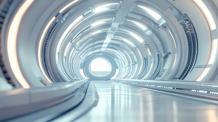 Futuristic white tunnel with glowing led lights along the walls, creating a sense of depth and infinite perspective, emphasizing modern technology and design. Infinite. Illustration