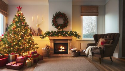 decorations around the Christmas tree by a fire place at home