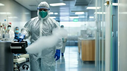 Staff are spraying disinfectant in the hospital. Measures to prevent the spread of germs