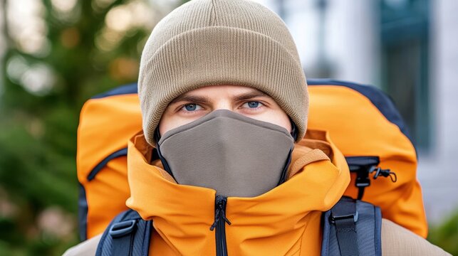 A person wearing a warm orange jacket and a knitted hat, with a face mask, stands against a backdrop of greenery, ready for outdoor adventures.