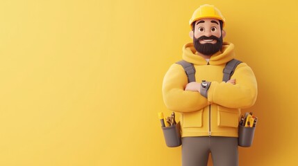A cartoon construction worker in a yellow hoodie and hard hat, standing confidently.