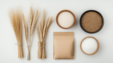 Dried wheat stalks, bowls of sugar, and grains arranged aesthetically. This composition highlights natural textures and colors.