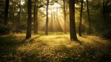 Fototapeta premium Beautiful forest with sunlight shining through the trees, creating an enchanting and serene atmosphere