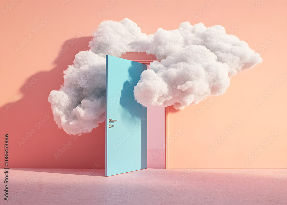 Aufkleber 3d render, white clouds and cumulus flying out the blue open door inside the empty room. objects iso