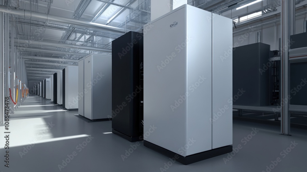 Poster a modern data center with rows of server racks in a spacious, well-lit environment.