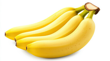 A bunch of ripe, yellow bananas arranged on a white background, showcasing their vibrant color and smooth texture.