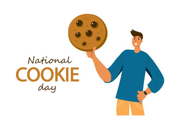 National cookie day.  Happy man hold big cookie. Hand drawn cartoon flat vector illustration. Banner, poster, greeting card, menu. Tea party, afternoon snak, breakfast, cafe themed concept background.