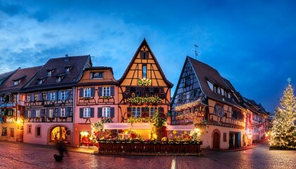 Naklejka premium Traditional Alsatian half-timbered houses in old town of Colmar, decorated and illuminated at christmas time, Alsace, France
