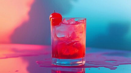 A vibrant red cocktail with ice and a cherry sits on a blue table against a pink neon background