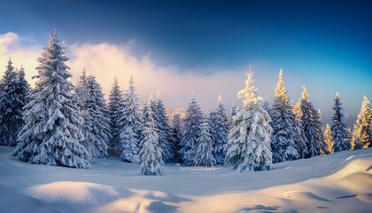 Obraz premium Winter Background with a Beautiful Snow Covered Trees. Enchanting Christmas Scene.