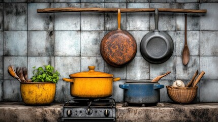 A rustic kitchen scene featuring colorful pots, pans, and utensils displayed on a wooden shelf against a textured wall.