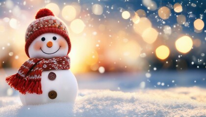 Obraz premium Winter holiday christmas background banner with cute funny laughing snowman with wool hat and scarf, on snowy snow snowscape and bokeh light