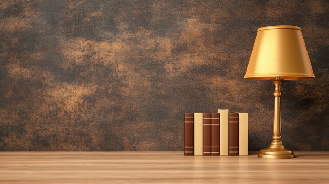 Fototapeta A cozy table scene featuring a warm lamp beside a collection of classic books against a textured, earthy backdrop.