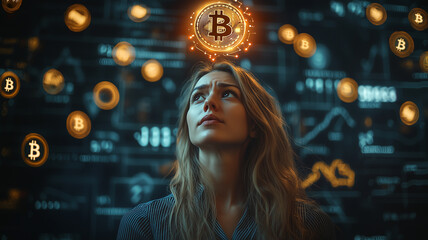 Woman surrounded by Bitcoin symbols and cryptocurrency data