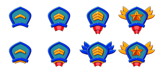 Blue cartoon rank patent level set. Patent, stars, wings, red ribbon. Progress game evolution.