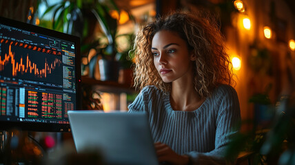 Woman analyzing cryptocurrency charts on laptop in a cozy setting