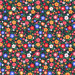 Vector seamless pattern. Pretty pattern in small flowers. Small white, red and blue flowers. Dark  background. Ditsy template for fashion prints. Stock vector.
