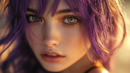 Young woman with purple hair and striking eyes enjoying a sunset by the beach in a close-up view