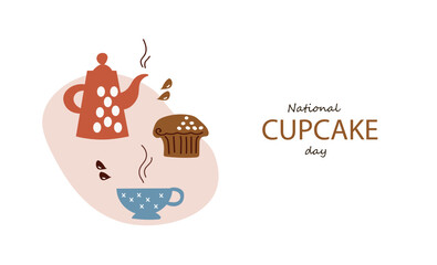 National cupcake day. Vector doodle  line art illustration for banner, poster, greeting card,  menu, recipe. Tea party, afternoon snak, breakfast, cafe themed concept background.