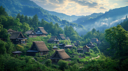 Fototapeta premium Traditional village nestled in the mountains during early morning light with lush greenery