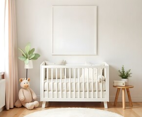 A cozy nursery room with a white framed wall, plush toys including a giraffe, and pastel-colored decor elements