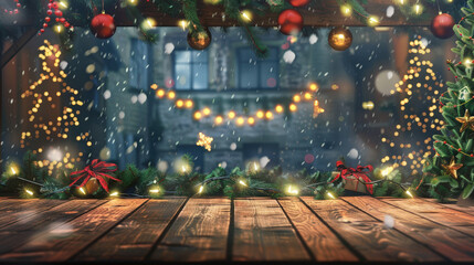 Naklejka premium christmas background with wooden table and christmas decoration