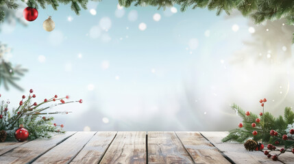 christmas background with wooden table and christmas decoration