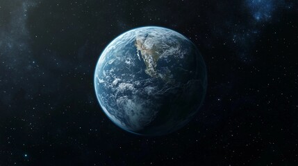 Fototapeta premium A cinematic shot of the Earth from space, centered in the frame with its round shape and blue color. The background is the dark black of space